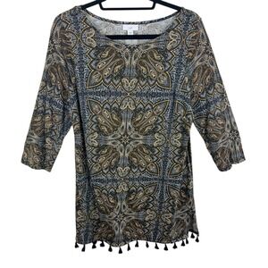J. Jill Paisley Cotton Modal Tassel Tunic Top 3/4 Sleeve Women's Medium
